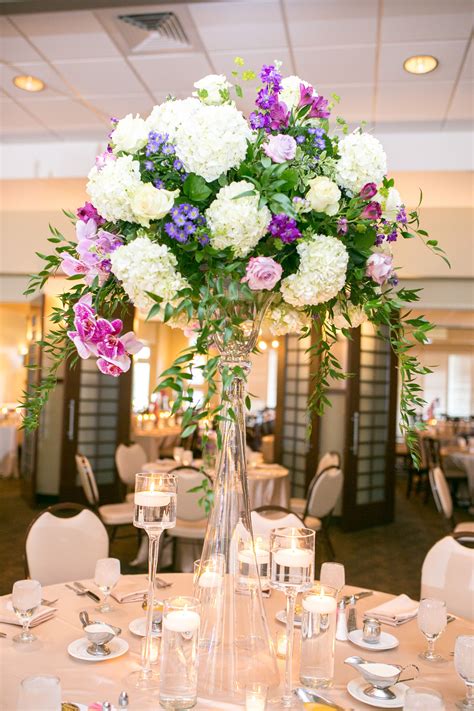 Purple Rose and White Hydrangea Centerpiece in Tall Glass | White ...