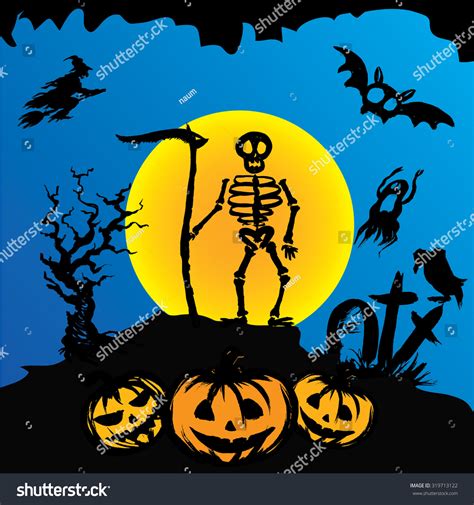 Halloween Skeleton On Graveyard Scary Background Stock Vector (Royalty ...