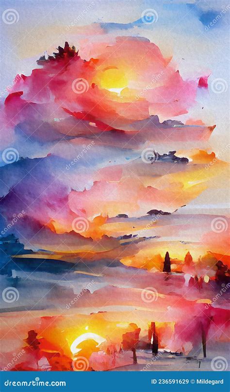 Watercolor Landscape - Rising Sun Stock Image - Image of landscape ...