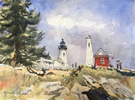 Pemaquid Lighthouse Visitors Watercolor Original, Painting Maine Coast ...