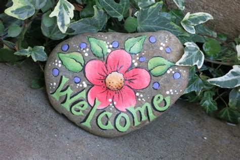 Painted Welcome garden rock decoration peach by MyPaintedSwan Rock ...