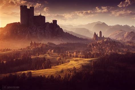 Premium Photo | A beautiful valley old medieval fantasy town and castle ...