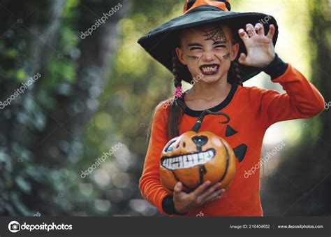 Happy Halloween Horrible Creepy Child Girl Pumpkin Costume Forest ...