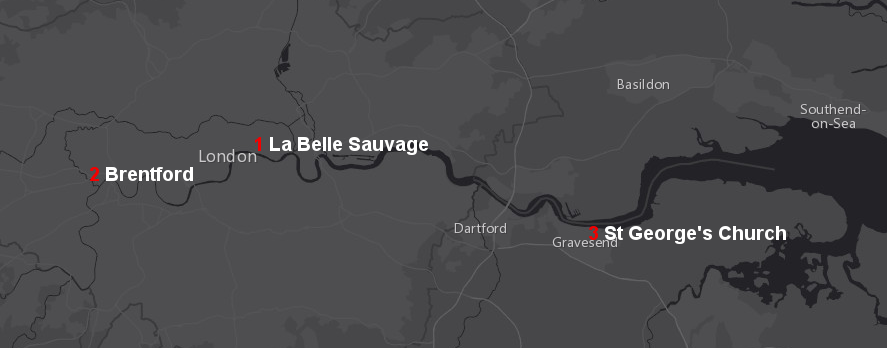 Rebecca Rolfe/Pocahontas stayed first at La Belle Sauvage on Ludgate Hill, then in Brentford, and died at Gravesend after starting the trip home to Virginia