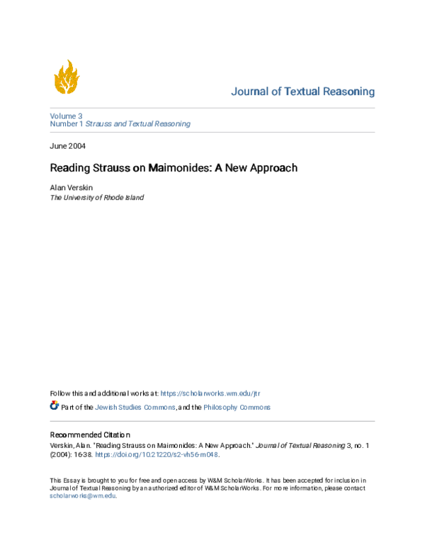 First page of “Reading Strauss on Maimonides: A New Approach”