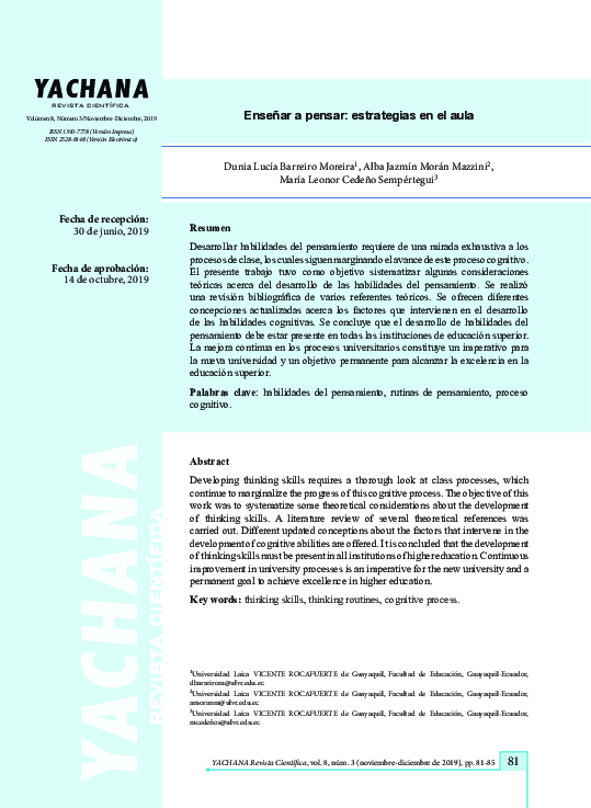 First page of “Enseñar a pensar: estrategias en el aula”