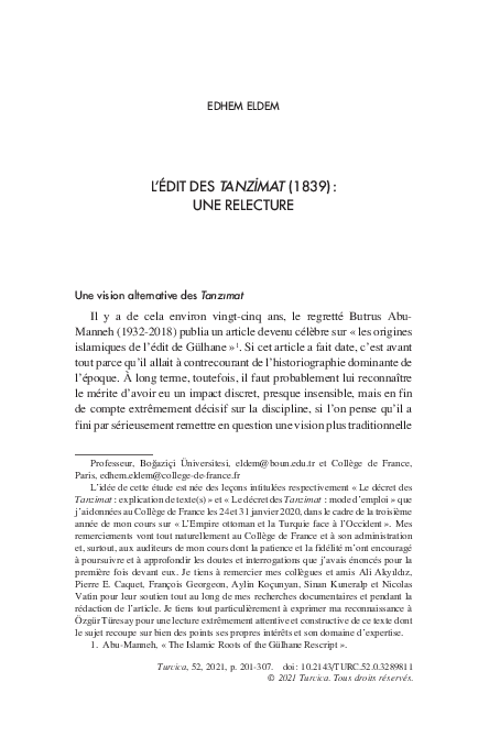 First page of “L’édit des Tanzimat: une relecture”