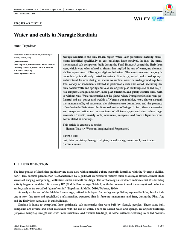 First page of “Water and cults in Nuragic Sardinia”