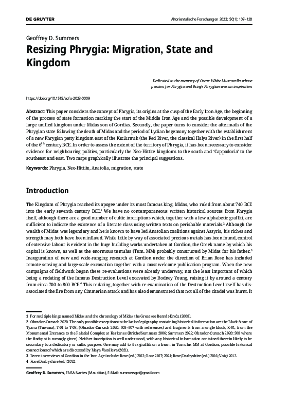 First page of “Resizing Phrygia: Migration, State and Kingdom”