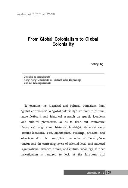 First page of “From Global Colonialism To Global Coloniality”