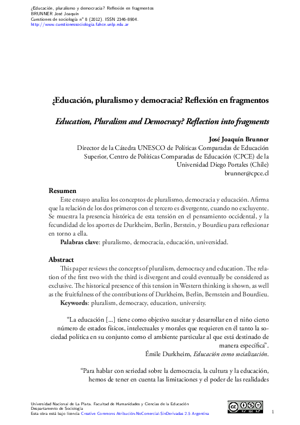 First page of “¿Educación, pluralismo y democracia?”