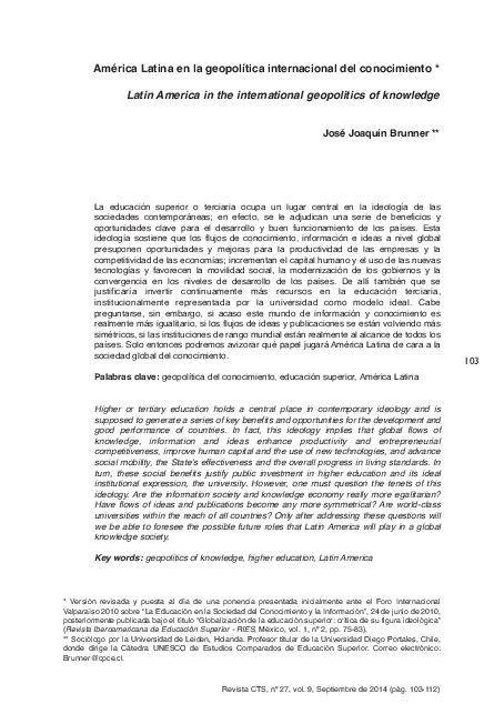 First page of “América Latina en la geopolítica internacional del conocimiento”