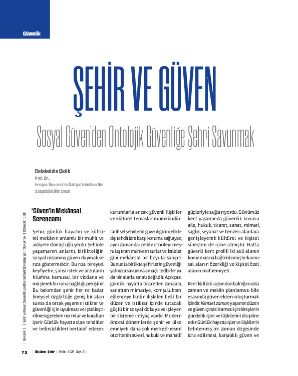 First page of “Şehir ve Güven: Sosyal Güven'den Ontolojik Güvenliğe Şehri Savunmak | Celaleddin Çelik”