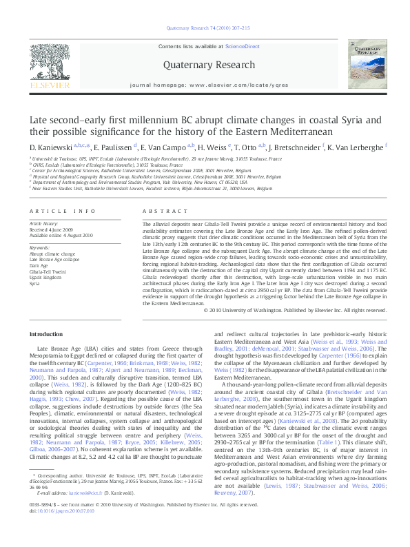 First page of “Late second-early first millennium BC abrupt climate changes in coastal Syria and their possible significance for the history of the Eastern Mediterranean.”