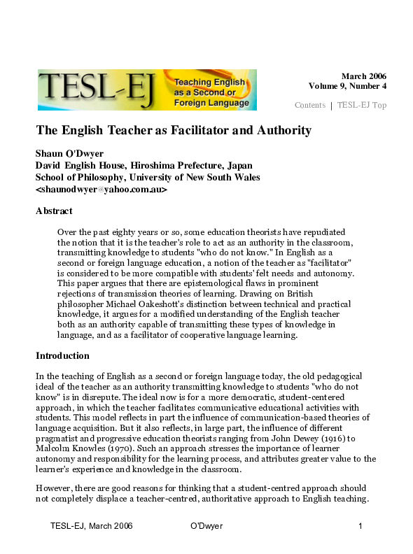 First page of “The English Teacher as Facilitator and Authority”