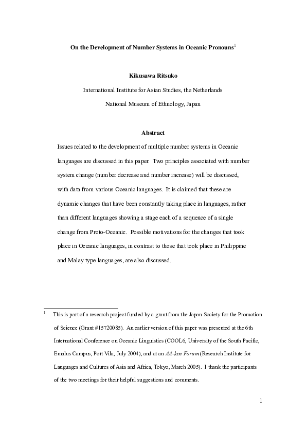 First page of “On the Development of Number Systems in Oceanic Pronouns”