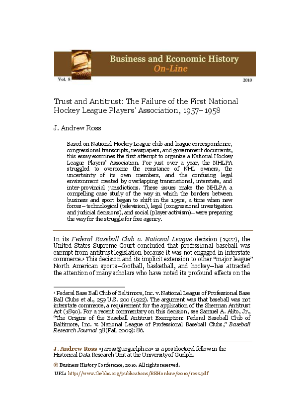 First page of “Trust and Antitrust: The Failure of the First National Hockey League Players' Association, 1957-1958”