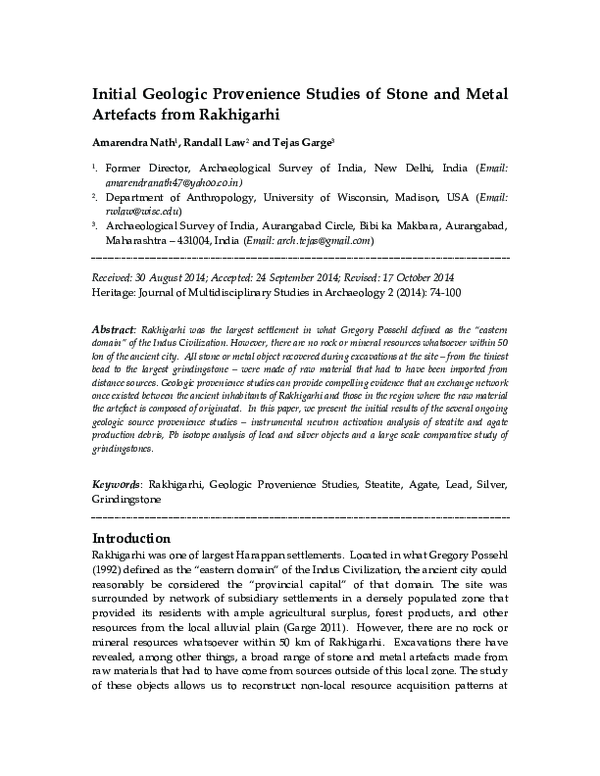 First page of “Initial Geologic Provenience Studies of Stone and Metal Artefacts from Rakhigarhi”