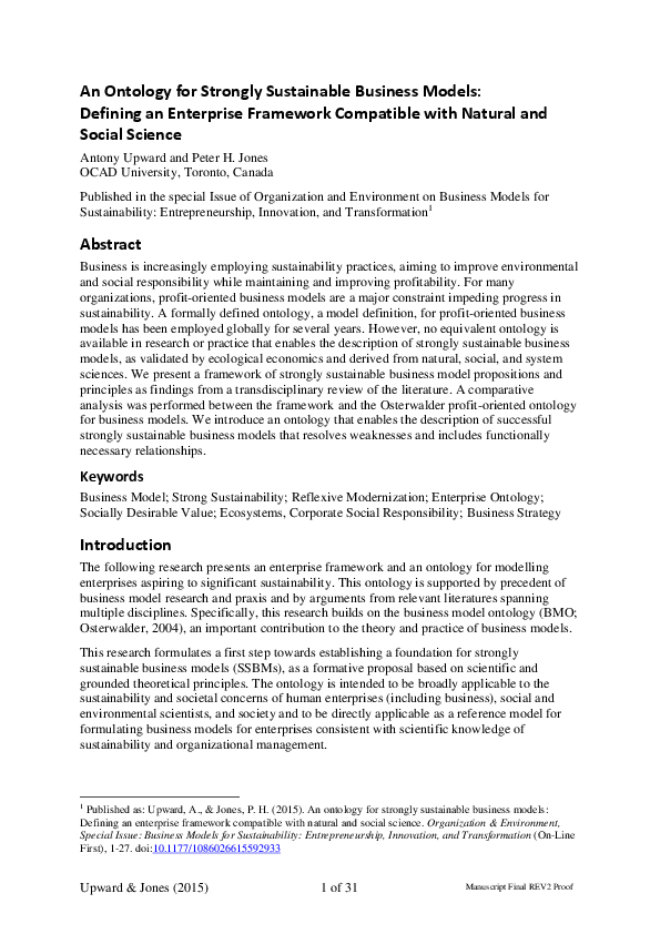 First page of “An Ontology for Strongly Sustainable Business Models:  Defining an Enterprise Framework Compatible with Natural and Social Science”