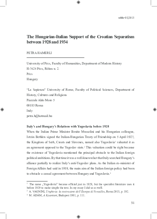 First page of “The Hungarian-Italian Support of the Croatian Separatism between 1928 and 1934”