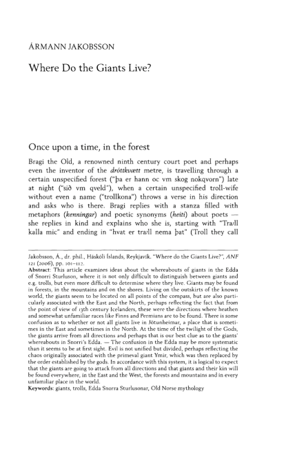 First page of ““Where Do the Giants Live?” Arkiv för nordisk filologi 121 (2006), 101–12.”