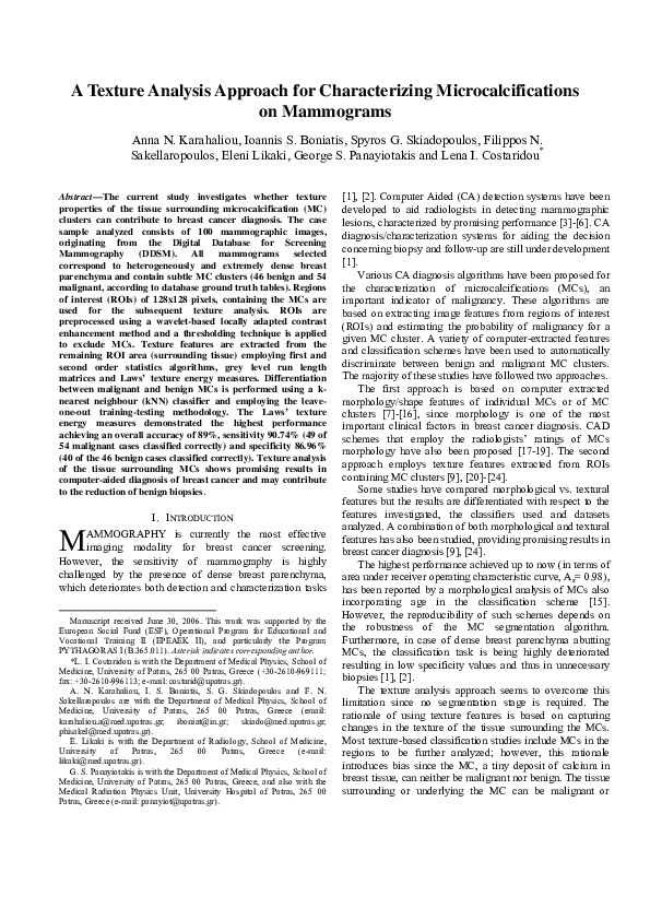 First page of “A Texture Analysis Approach for Characterizing Microcalcifications on Mammograms”