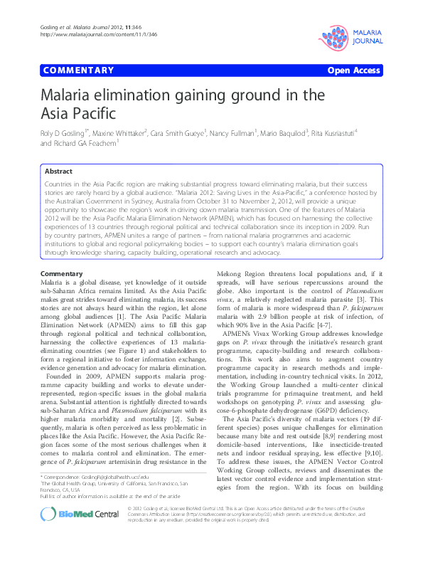 First page of “Malaria elimination gaining ground in the Asia Pacific”