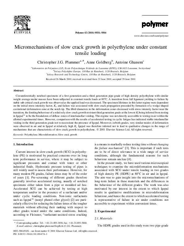 First page of “Micromechanisms of slow crack growth in polyethylene under constant tensile loading”