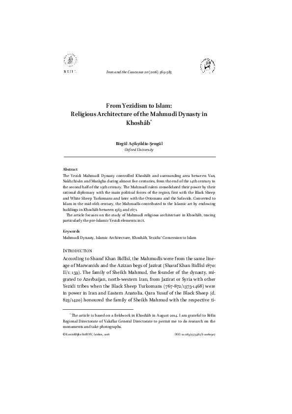 First page of “From Yezidism to Islam: Religious Architecture of the Mahmudî Dynasty in Khoshâb”