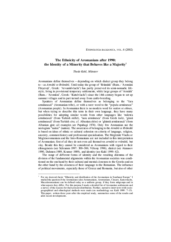 First page of “Kahl, Thede (2002): The Ethnicity of Aromanians after 1990: the Identity of a Minority that Behaves like a Majority. In: Ethnologica Balkanica 6: 145-169”