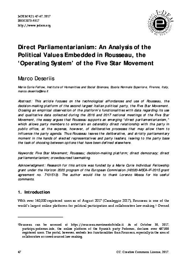 First page of “Direct Parliamentarianism An Analysis of the Political Values Embedded in Rousseau, the " Operating System " of the Five Star Movement”