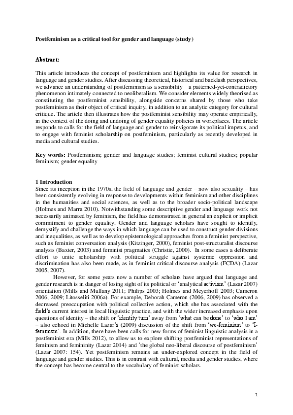 First page of “Postfeminism as a tool for gender and language (study)”