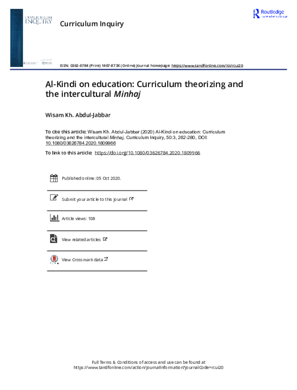 First page of “Al-Kindi on Education: Curriculum Theorizing and the Intercultural Minhaj”