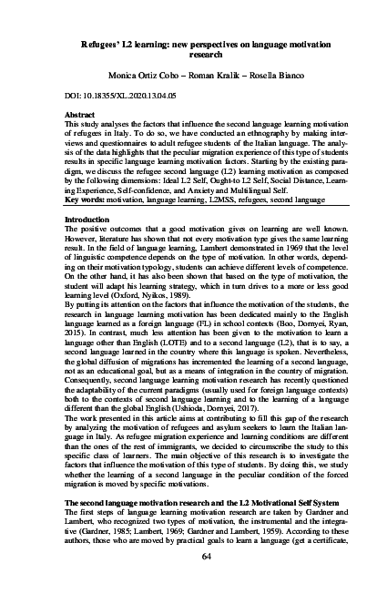 First page of “Refugees' L2 learning: new perspectives on language motivation research”