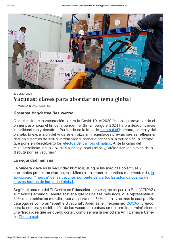 First page of “Vacunas: claves para abordar un tema global (2021)”