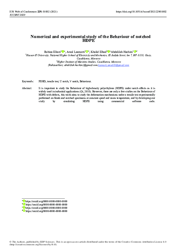 First page of “Numerical and experimental study of the Behaviour of notched HDPE”