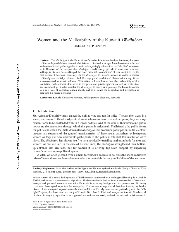 First page of “Women and the Malleability of the Kuwaiti Diwaniyya”