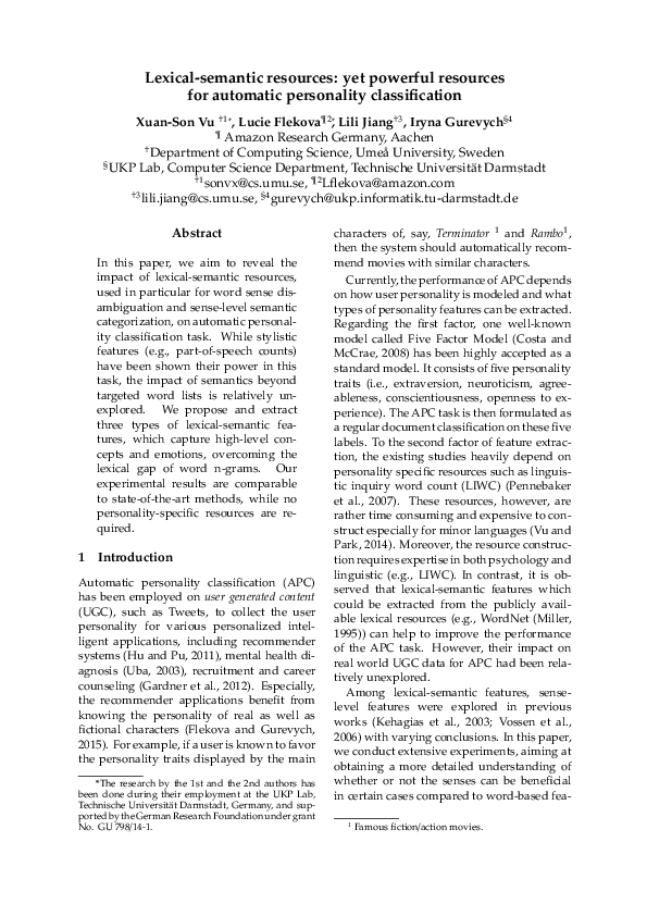 First page of “Lexical-semantic resources: yet powerful resources for automatic personality classification”