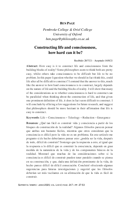 First page of “Constructing life and consciousness, how hard can it be”