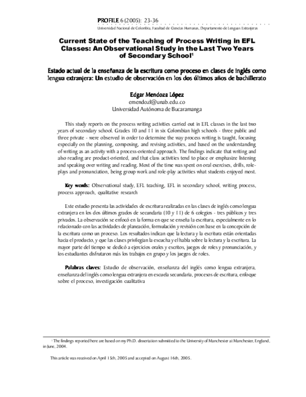 (PDF) Current State of the Teaching of Process Writing in EFL Classes ...