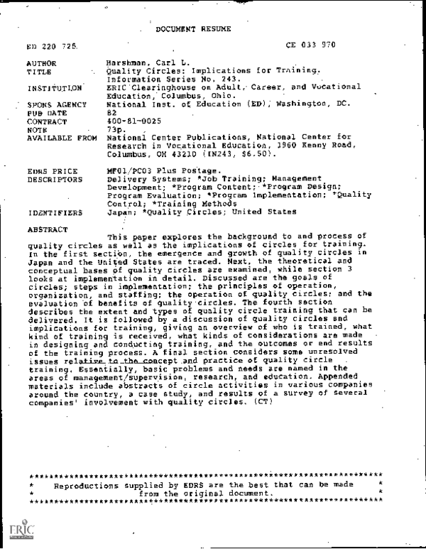 First page of “Quality Circles: Implications for Training. Information Series No. 243”