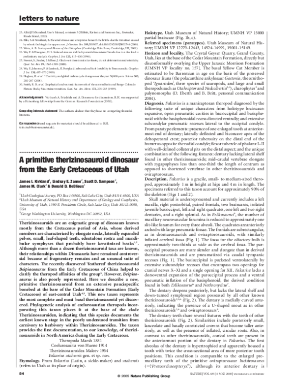 First page of “A primitive therizinosauroid dinosaur from the Early Cretaceous of Utah”