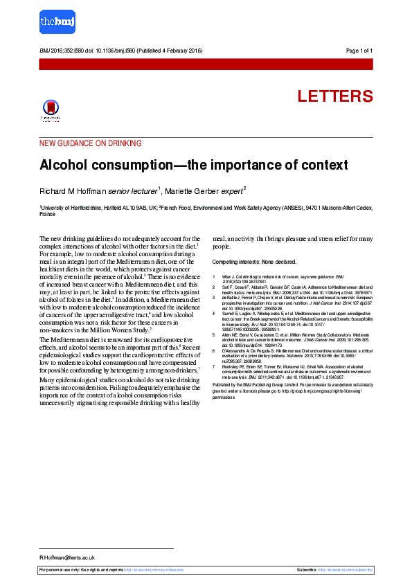 First page of “Alcohol consumption-the importance of context”