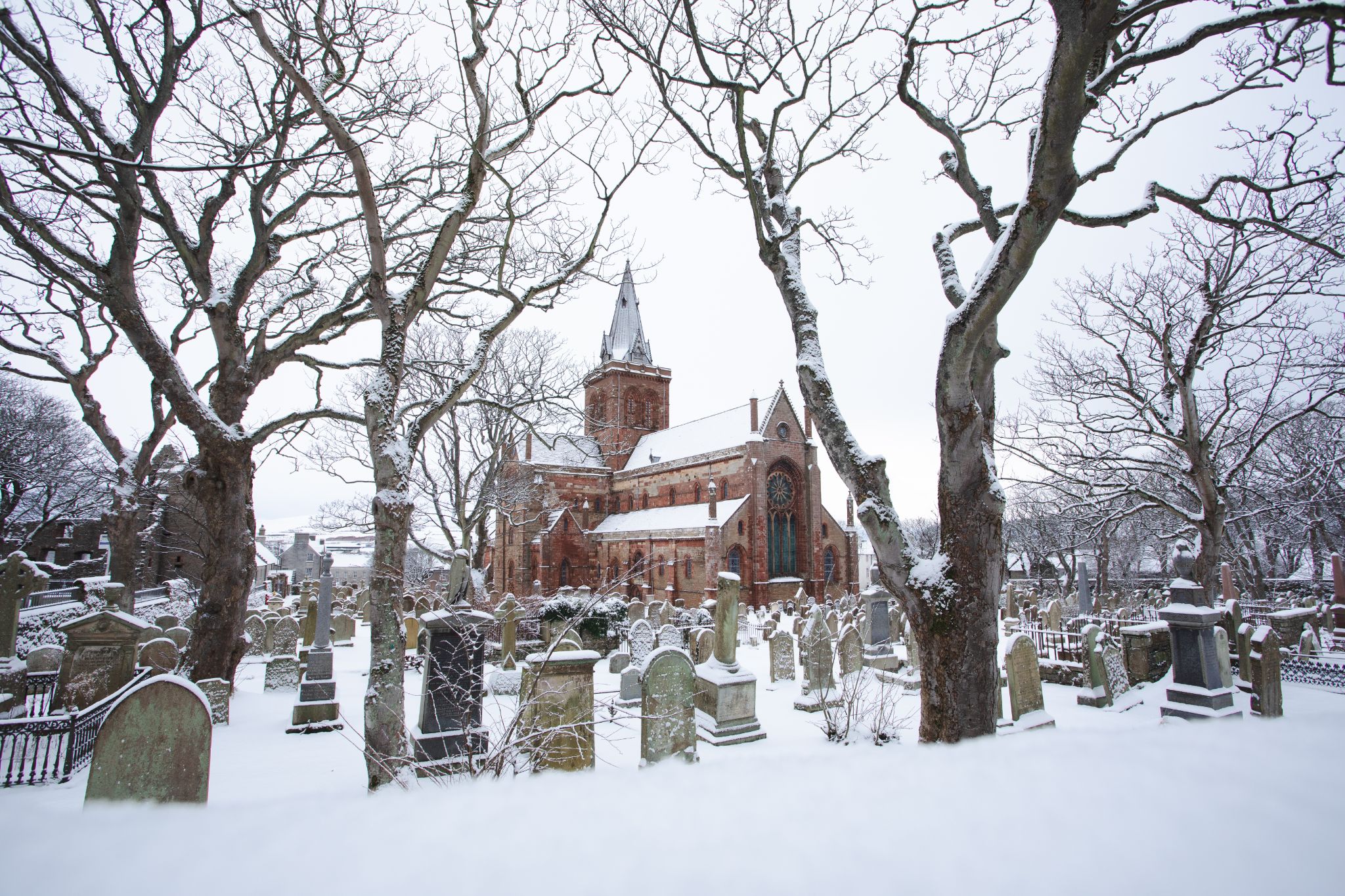 Snow at St Magnus Cathedral in Orkney