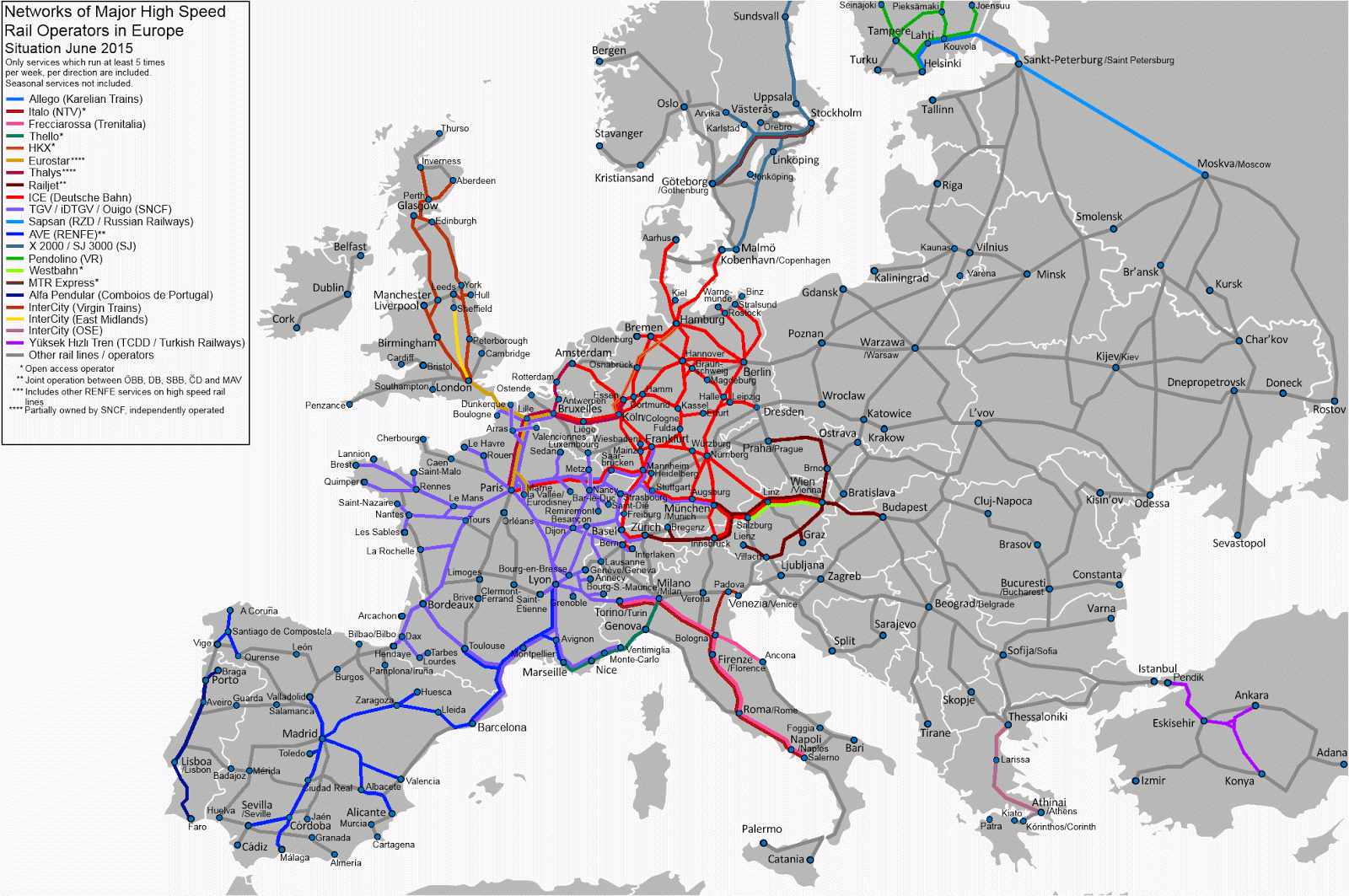 Networks of major hight speed rail operators in Europe - Vivid Maps