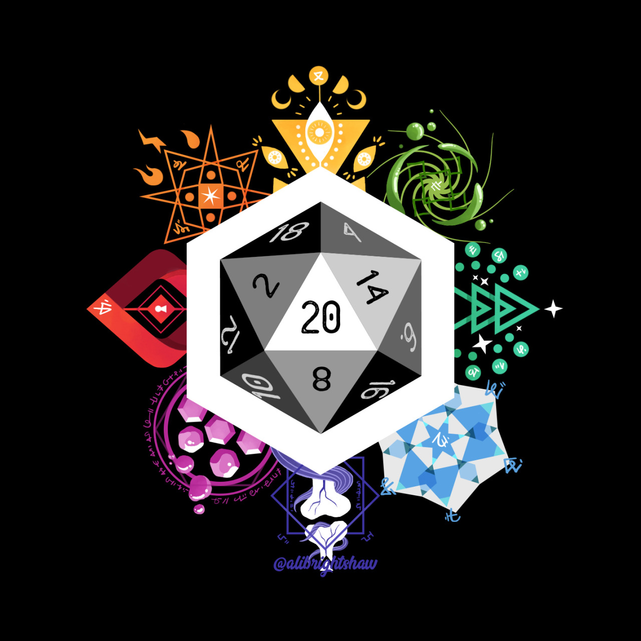 A companion to this design for all my magic users out there, here’s the 8 schools of magic* (*that I can never correctly remember whenever one of my players uses detect magic…)
Also available as a holo sticker in my shop! Please use for personal use...