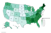 Forest Cover as percent of total land in US states.
[[MORE]]by AJgloe:
https://en.wikipedia.org/wiki/Forest_cover_by_state_in_the_United_States
Highest: Maine - 89%
Lowest: Nevada - 0.5%