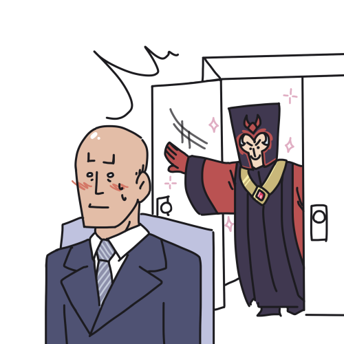 Magneto slams one of the doors open he's dressed as the star trek character Q, specifically the judge outfit he wore in the first episode of star trek the next generation. Charles is drawn much more simply, and he's blushing slightly.