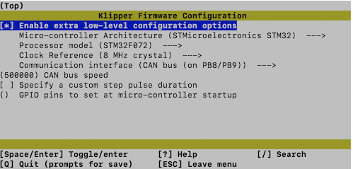 Klipper menuconfig