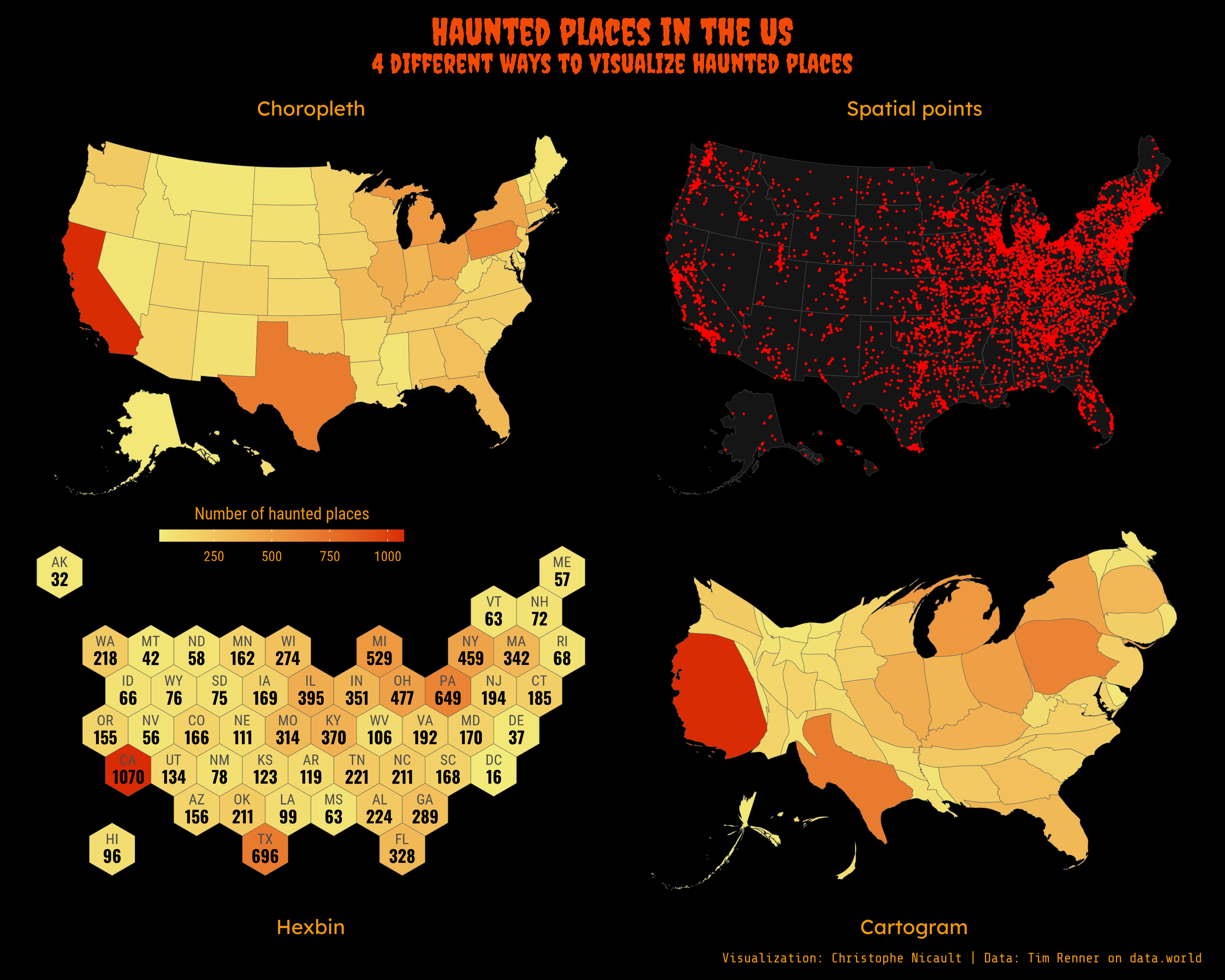 There a are four visualization showing the number of haunted places on a map. Three maps showing the total per states, with a choropleth map, an hexbin map, a cartogram, and a map with all the points.